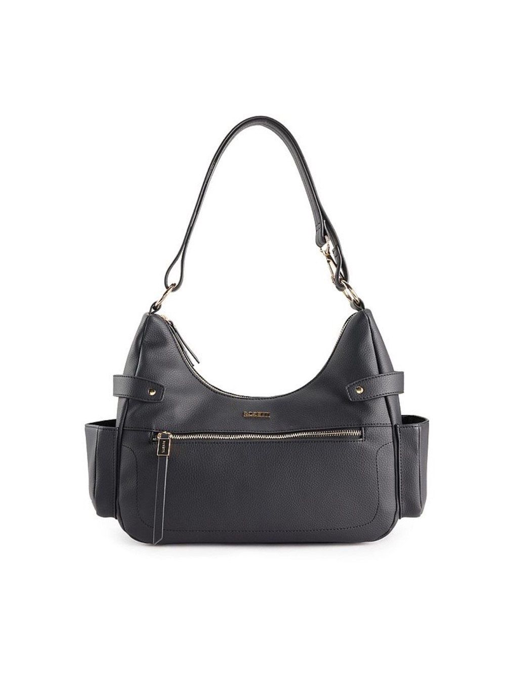 Black Pebbled Shoulder Bag with Front Zip Pocket - Unknown Brand